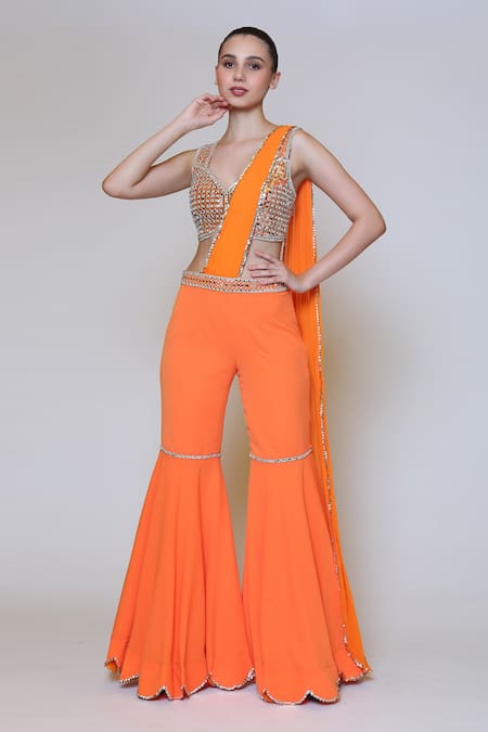 Buy_Preeti S Kapoor_Orange Georgette, Dupion Mirror, Sequins V Neck Draped Gharara Saree Set _Online_at_Aza_Fashions
