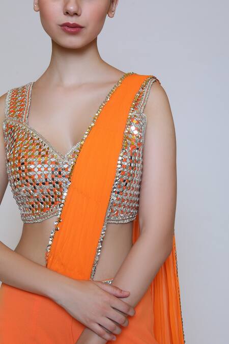 Shop_Preeti S Kapoor_Orange Georgette, Dupion Mirror, Sequins V Neck Draped Gharara Saree Set _Online_at_Aza_Fashions