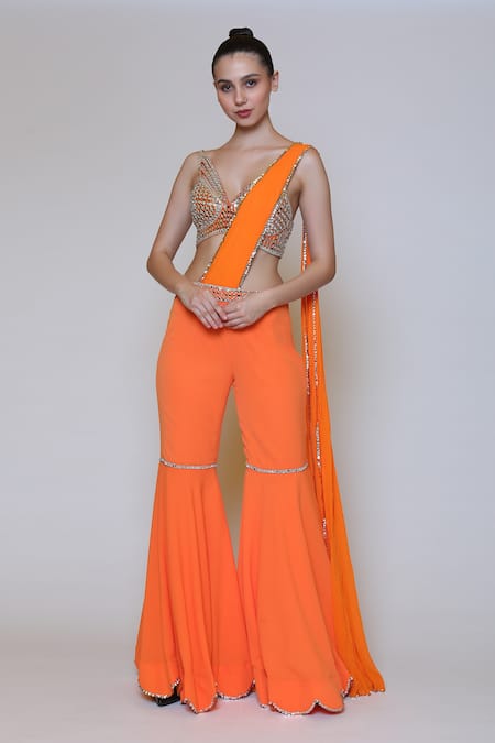 Preeti S Kapoor Orange Georgette Embroidered Sequins V Neck Draped Gharara Saree Set 