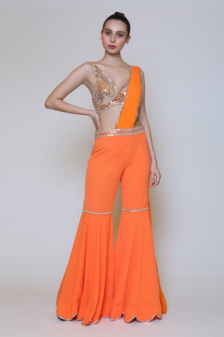 Preeti S Kapoor_Orange Georgette, Dupion Mirror, Sequins V Neck Draped Gharara Saree Set _Online_at_Aza_Fashions