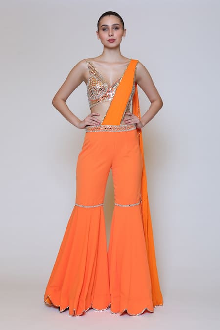Buy_Preeti S Kapoor_Orange Georgette, Dupion Mirror, Sequins V Neck Draped Gharara Saree Set _Online_at_Aza_Fashions