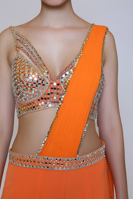 Shop_Preeti S Kapoor_Orange Georgette, Dupion Mirror, Sequins V Neck Draped Gharara Saree Set _Online_at_Aza_Fashions