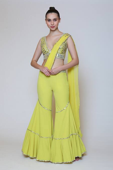 Buy_Preeti S Kapoor_Yellow Georgette, Dupion Mirror, Sequins V Neck Draped Gharara Saree Set _Online_at_Aza_Fashions