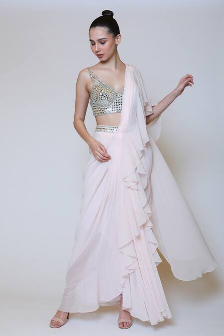 Preeti S Kapoor_Pink Georgette, Dupion Mirror V Neck Draped Ruffle Saree Set _Online_at_Aza_Fashions