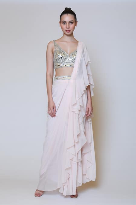 Buy_Preeti S Kapoor_Pink Georgette, Dupion Mirror V Neck Draped Ruffle Saree Set _Online_at_Aza_Fashions