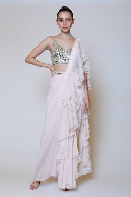 Shop_Preeti S Kapoor_Pink Georgette, Dupion Mirror V Neck Draped Ruffle Saree Set _Online_at_Aza_Fashions