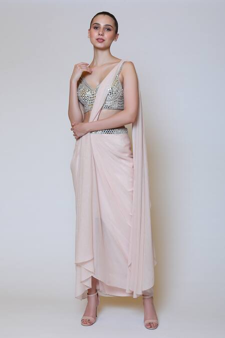 Buy_Preeti S Kapoor_Pink Georgette, Dupion Mirror V Neck Draped Saree Set_Online_at_Aza_Fashions
