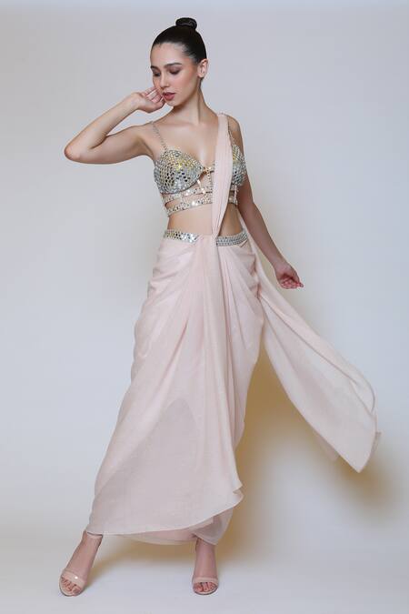 Preeti S Kapoor_Pink Georgette, Dupion Mirror Sweetheart Neck Draped Saree Set _Online_at_Aza_Fashions