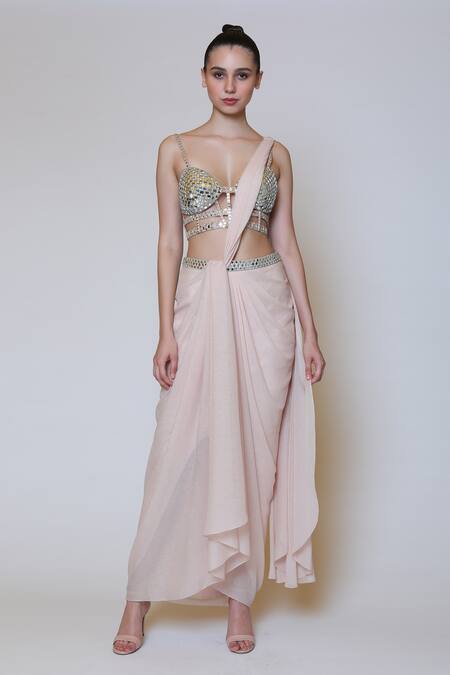 Buy_Preeti S Kapoor_Pink Georgette, Dupion Mirror Sweetheart Neck Draped Saree Set _Online_at_Aza_Fashions