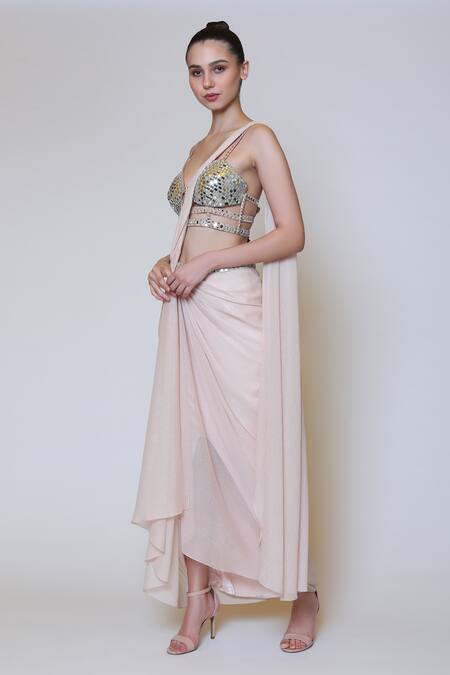 Shop_Preeti S Kapoor_Pink Georgette, Dupion Mirror Sweetheart Neck Draped Saree Set _Online_at_Aza_Fashions