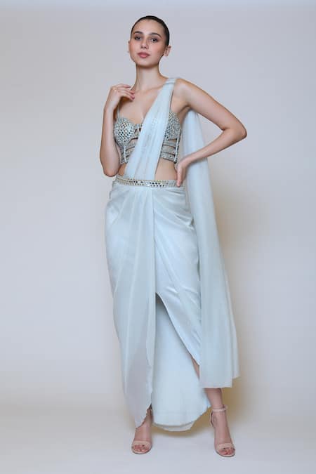 Preeti S Kapoor_Blue Georgette, Dupion Mirror Sweetheart Neck Draped Saree Set _Online_at_Aza_Fashions