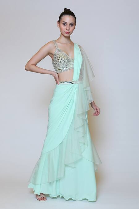 Preeti S Kapoor_Green Georgette, Dupion Mirror V Neck Draped Saree Set _Online_at_Aza_Fashions