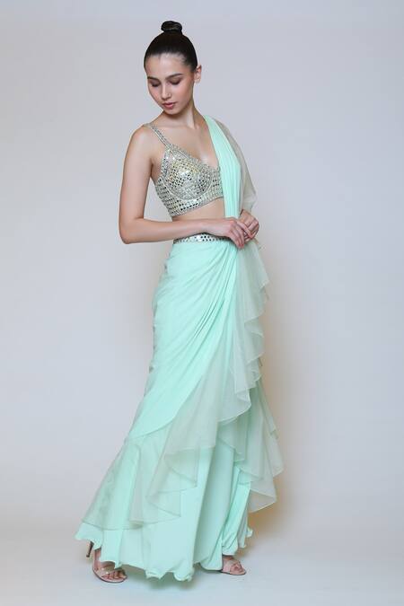 Buy_Preeti S Kapoor_Green Georgette, Dupion Mirror V Neck Draped Saree Set _Online_at_Aza_Fashions