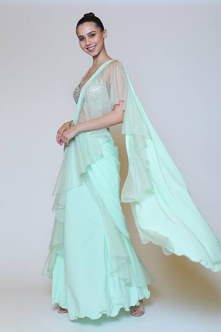 Shop_Preeti S Kapoor_Green Georgette, Dupion Mirror V Neck Draped Saree Set _Online_at_Aza_Fashions
