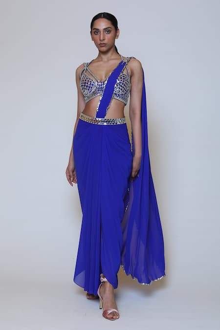 Preeti S Kapoor_Blue Georgette, Dupion Mirror, Sequins V Neck Draped Saree Set_Online_at_Aza_Fashions