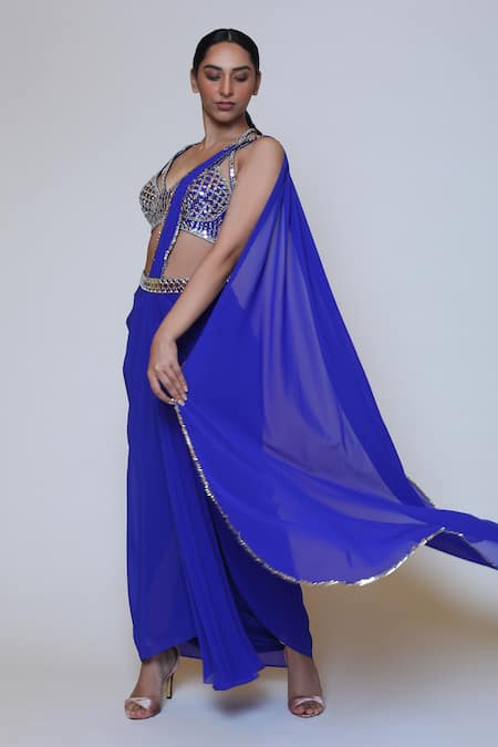 Buy_Preeti S Kapoor_Blue Georgette, Dupion Mirror, Sequins V Neck Draped Saree Set_Online_at_Aza_Fashions