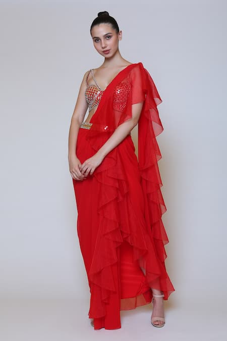 Preeti S Kapoor_Red Georgette, Dupion Mirror V Neck Draped Saree Set _Online_at_Aza_Fashions