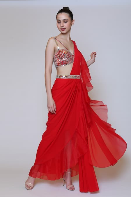 Buy_Preeti S Kapoor_Red Georgette, Dupion Mirror V Neck Draped Saree Set _Online_at_Aza_Fashions
