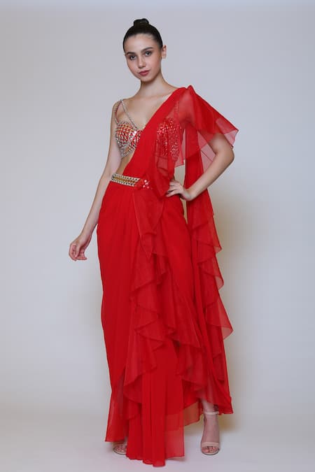 Shop_Preeti S Kapoor_Red Georgette, Dupion Mirror V Neck Draped Saree Set _Online_at_Aza_Fashions