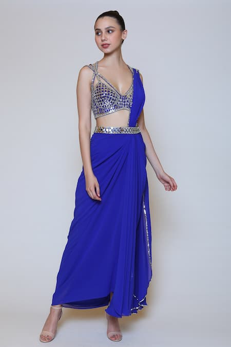 Preeti S Kapoor_Blue Georgette, Dupion Mirror, Sequins V Neck Draped Saree Set_Online_at_Aza_Fashions