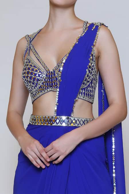 Preeti S Kapoor_Blue Georgette, Dupion Mirror, Sequins V Neck Draped Saree Set_at_Aza_Fashions