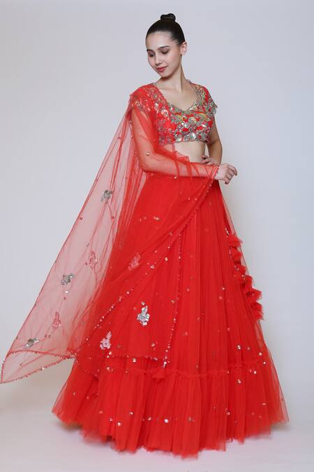 Preeti S Kapoor_Peach Net Sequins V Neck Embroidered Lehenga Set_Online_at_Aza_Fashions