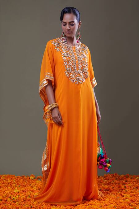 Preeti S Kapoor_Orange Georgette And Viscose Satin Gota, Mirror, Thread & Embroidered Kaftan_Online_at_Aza_Fashions