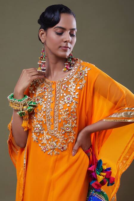 Buy_Preeti S Kapoor_Orange Georgette And Viscose Satin Gota, Mirror, Thread & Embroidered Kaftan_Online_at_Aza_Fashions