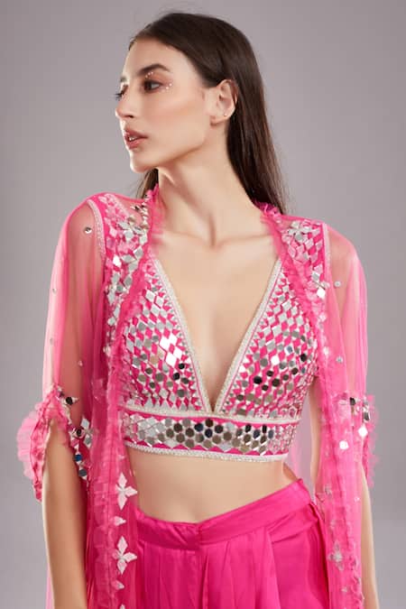 Preeti S Kapoor_Pink Net, Satin Mirror, Sequin Cape Open Work And Skirt Set _Online_at_Aza_Fashions
