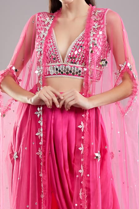 Buy_Preeti S Kapoor_Pink Net, Satin Mirror, Sequin Cape Open Work And Skirt Set _Online_at_Aza_Fashions