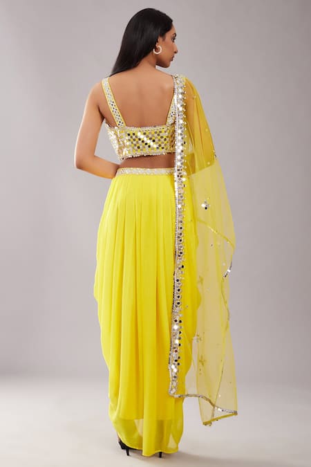 Preeti S Kapoor Draped Skirt & Mirror Work Blouse Set 