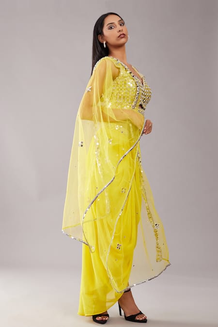 Preeti S Kapoor_Yellow Net, Georgette, Dupion Mirror, Sequin V Draped Skirt And Work Blouse Set _Online_at_Aza_Fashions