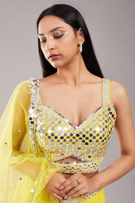 Buy_Preeti S Kapoor_Yellow Net, Georgette, Dupion Mirror, Sequin V Draped Skirt And Work Blouse Set _Online_at_Aza_Fashions