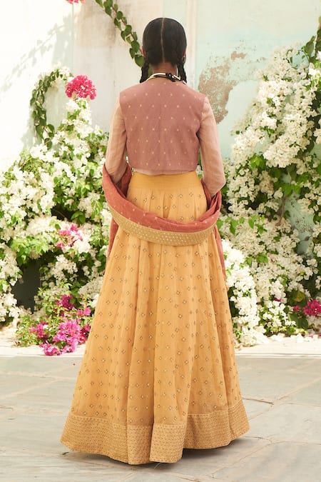 Shop Shruti Sancheti Yellow Gold Tissue Sequin And Thread Round Embroidered Jacket Lehenga Set at Aza Fashions Shop_Shruti Sancheti_Yellow Gold Tissue Sequin And Thread Round Embroidered Jacket Lehenga Set _at_Aza_Fashions