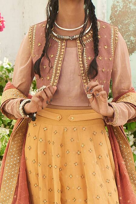 Shop Shruti Sancheti Yellow Gold Tissue Sequin And Thread Round Embroidered Jacket Lehenga Set Online at Aza Fashions Shop_Shruti Sancheti_Yellow Gold Tissue Sequin And Thread Round Embroidered Jacket Lehenga Set _Online_at_Aza_Fashions