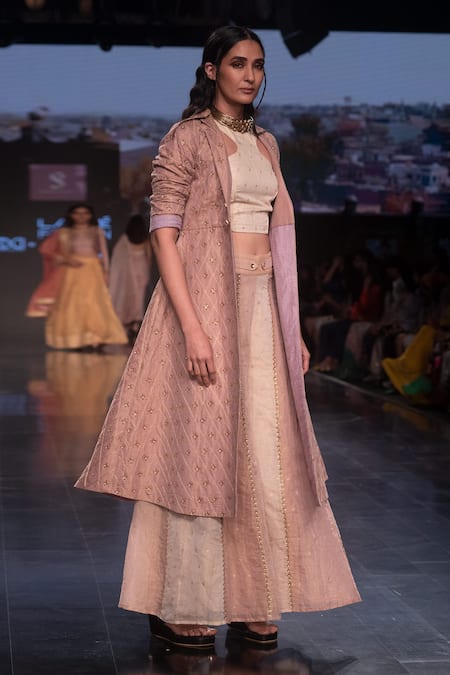 Shop Shruti Sancheti Pink Gold Tissue Sequin And Thread Trench Collar Embroidered & Palazzo Set at Aza Fashions Shop_Shruti Sancheti_Pink Gold Tissue Sequin And Thread Trench Collar Embroidered & Palazzo Set _at_Aza_Fashions