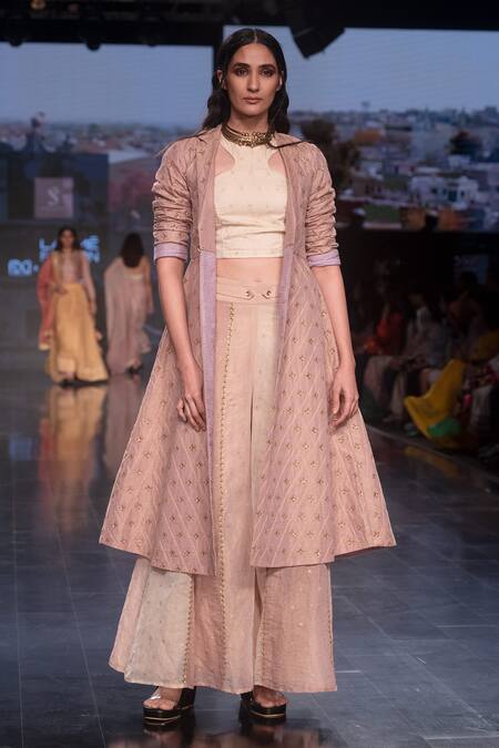 Shruti Sancheti Pink Gold Tissue Sequin And Thread Trench Collar Embroidered & Palazzo Set Online at Aza Fashions Shruti Sancheti_Pink Gold Tissue Sequin And Thread Trench Collar Embroidered & Palazzo Set _Online_at_Aza_Fashions