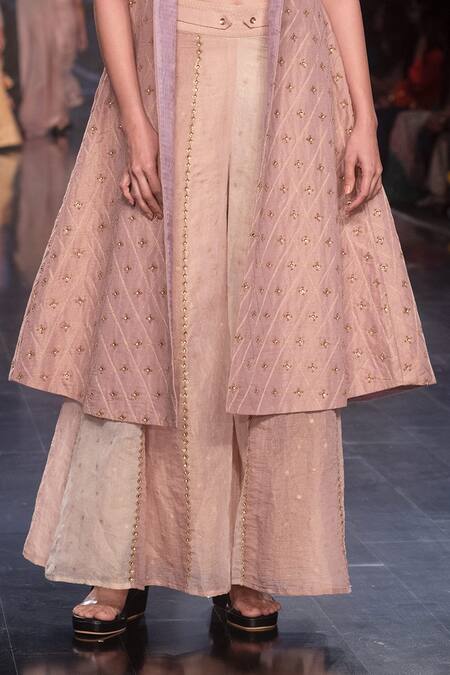 Shop Shruti Sancheti Pink Gold Tissue Sequin And Thread Trench Collar Embroidered & Palazzo Set Online at Aza Fashions Shop_Shruti Sancheti_Pink Gold Tissue Sequin And Thread Trench Collar Embroidered & Palazzo Set _Online_at_Aza_Fashions