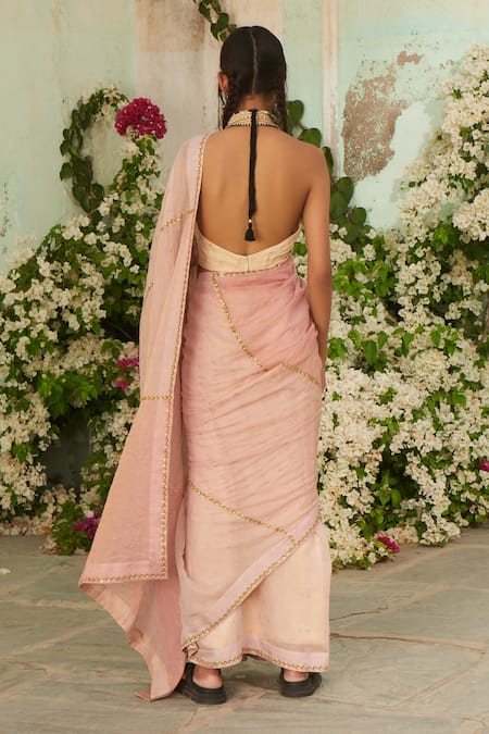 Shop Shruti Sancheti Pink Gold Tissue Danka Embroidery Halter Color Block Saree With Blouse at Aza Fashions Shop_Shruti Sancheti_Pink Gold Tissue Danka Embroidery Halter Color Block Saree With Blouse _at_Aza_Fashions