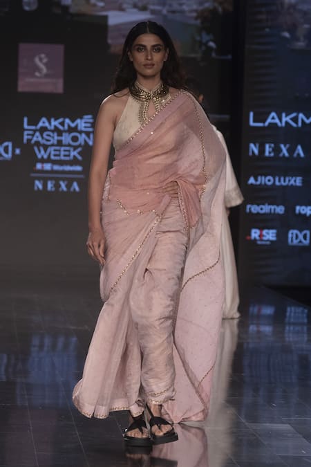 Shruti Sancheti Pink Gold Tissue Danka Embroidery Halter Color Block Saree With Blouse Online at Aza Fashions Shruti Sancheti_Pink Gold Tissue Danka Embroidery Halter Color Block Saree With Blouse _Online_at_Aza_Fashions