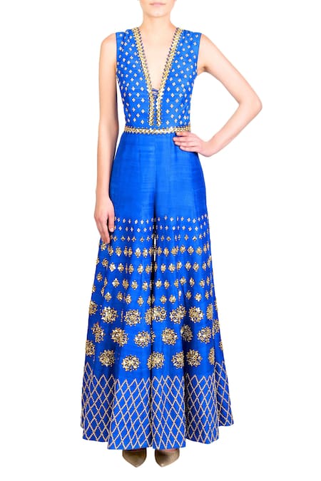 Papa Don't Preach_Blue Raw Silk Cutwork, Geometric, Mirror Work, Embroidered Sharara Jumpsuit _Online_at_Aza_Fashions