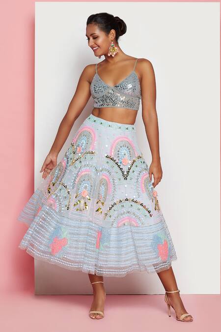Shop Papa Don't Preach Blue Tulle Sequin, 3d Metal V Neck Embroidered Lehenga Set at Aza Fashions Shop_Papa Don't Preach_Blue Tulle Sequin, 3d Metal V Neck Embroidered Lehenga Set _at_Aza_Fashions