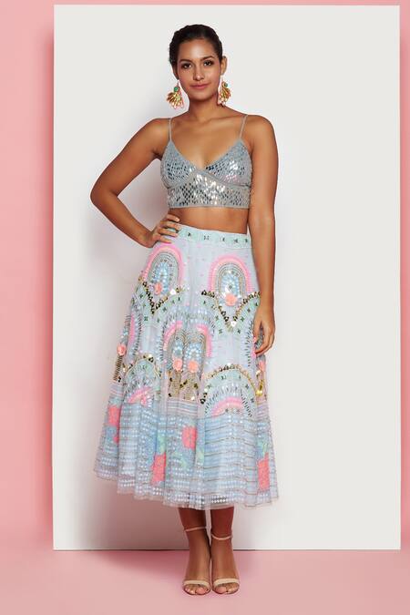 Buy Papa Don't Preach Blue Tulle Sequin, 3d Metal V Neck Embroidered Lehenga Set Online at Aza Fashions Buy_Papa Don't Preach_Blue Tulle Sequin, 3d Metal V Neck Embroidered Lehenga Set _Online_at_Aza_Fashions