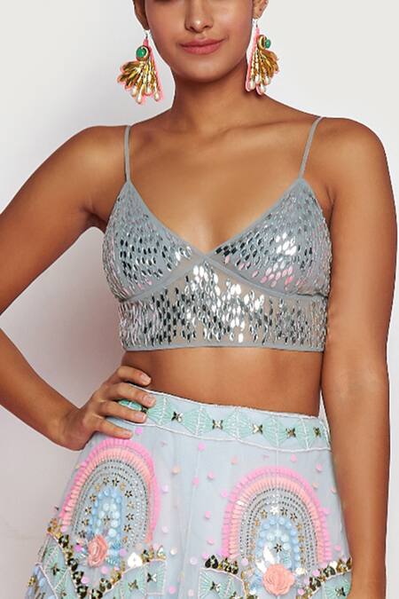 Papa Don't Preach Blue Tulle Sequin, 3d Metal V Neck Embroidered Lehenga Set at Aza Fashions Papa Don't Preach_Blue Tulle Sequin, 3d Metal V Neck Embroidered Lehenga Set _at_Aza_Fashions