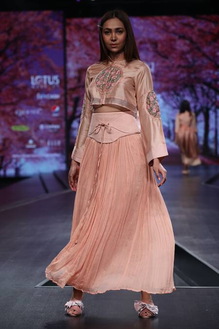 Shruti Sancheti_Peach Silk, Organza, Chiffon Band Collar Embroidered Skirt Set_Online_at_Aza_Fashions