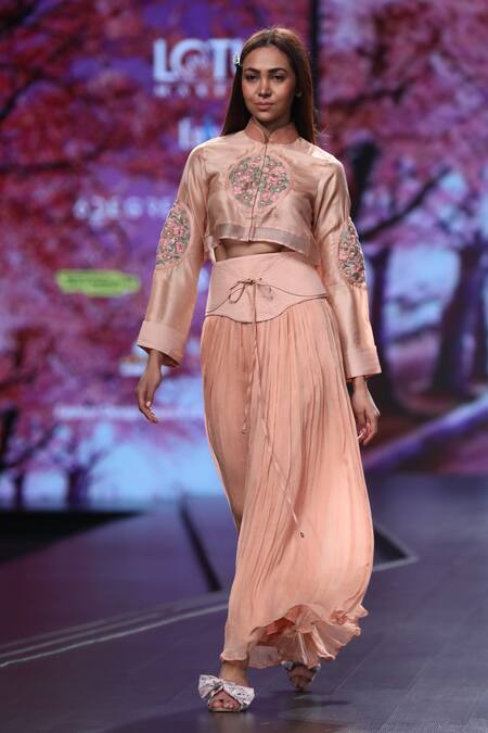 Buy_Shruti Sancheti_Peach Silk, Organza, Chiffon Band Collar Embroidered Skirt Set_Online_at_Aza_Fashions