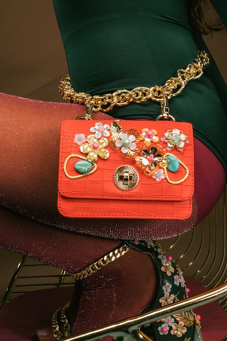 Buy Red Embellished Vegan Leather Chain Link Belt Bag by Papa Don