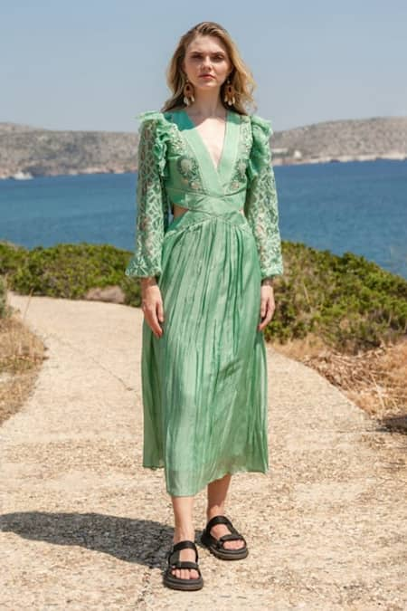 Green silk pleated clearance dress