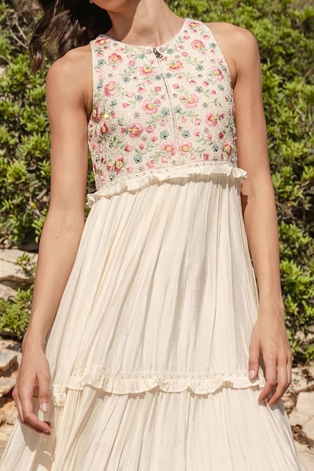 Shruti Sancheti_Off White Silk Mulmul And Net Floral Print, Thread, Bead Embroidered Tiered Dress _at_Aza_Fashions