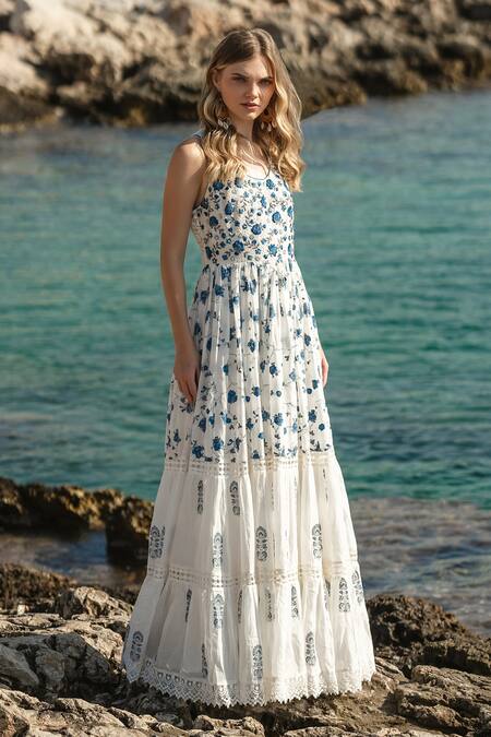 Shruti Sancheti_White Silk Mulmul, 100% Cotton Floral Print, Thread, Bead And Crochet Tiered Dress _Online_at_Aza_Fashions